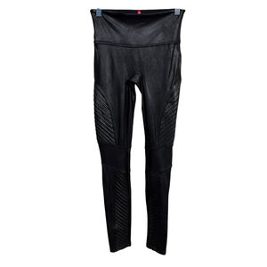 SPANX Faux Leather Moto Leggings Black High Waist Quilted Panels Size Small